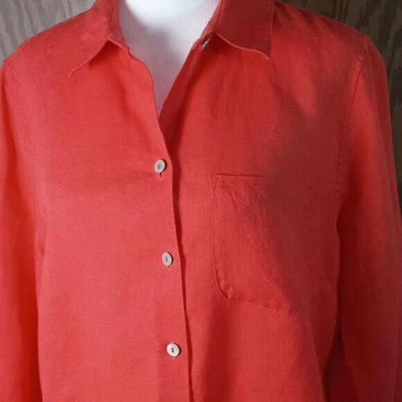 Chico's Vibrant Orange Blouse, Linen, Casual, Comfort, 3/4 Sleeves - Picture 6 of 9